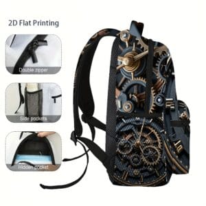 1pc Steampunk Clock Backpack - Adjustable Shoulder Straps, 2D Flat Printing, Mechanical Design, Perfect for Teens & Adults, Casual Outing Gear, Everyday Backpack | Vintage Backpack | Durable Backpack
