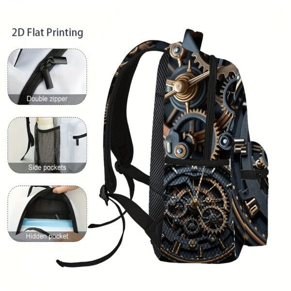 1pc Steampunk Clock Backpack - Adjustable Shoulder Straps, 2D Flat Printing, Mechanical Design, Perfect for Teens & Adults, Casual Outing Gear, Everyday Backpack | Vintage Backpack | Durable Backpack