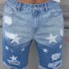 product-fancy-797e4833-1dcf-449b-84db-cbe4fa7dff20 Men'S Streetwear Summer Denim Shorts - Vibrant Star & Frayed Hem Print, Elastic Waistband with Pockets, Light Blue Washed Jean Style Casual Shorts for Casual Attire, Casual Attire Shorts | Vibrant Print Shorts | Nonstretch Fabric