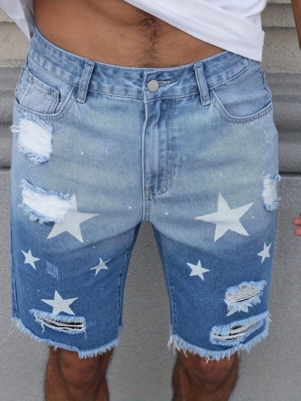 product-fancy-797e4833-1dcf-449b-84db-cbe4fa7dff20 Men'S Streetwear Summer Denim Shorts - Vibrant Star & Frayed Hem Print, Elastic Waistband with Pockets, Light Blue Washed Jean Style Casual Shorts for Casual Attire, Casual Attire Shorts | Vibrant Print Shorts | Nonstretch Fabric