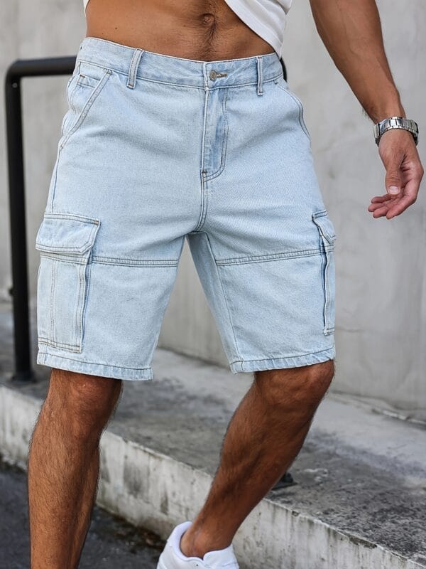 Men'S Summer Streetwear Denim Knee-Length Shorts with Multiple Pockets - Light Blue Washed, Soft Craftsmanship, Casual Style, Non-Stretch Fabric, Everyday Denim Shorts | Streetwear Style | Nonstretch Denim