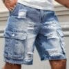 Men'S Loose-Fit Distressed Denim Shorts with Multiple Pockets - Casual Streetwear Style, Non-Stretch Fabric, Light Blue Washed Finish, Perfect for Summer Outings, Summer Shorts | Streetwear Shorts | Nonstretch Fabric