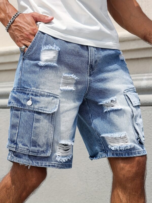 Men'S Loose-Fit Distressed Denim Shorts with Multiple Pockets - Casual Streetwear Style, Non-Stretch Fabric, Light Blue Washed Finish, Perfect for Summer Outings, Summer Shorts | Streetwear Shorts | Nonstretch Fabric