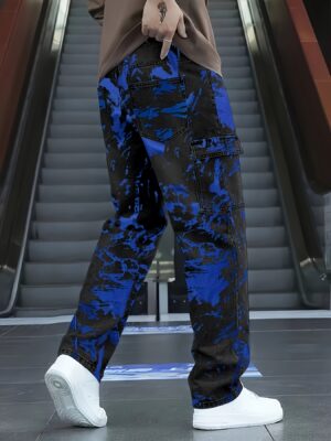 Men's All-Season Stretch Jeans - Industrial Workwear Pants with Multiple Utility Pockets, Stretch Denim for Everyday & Formal Outfits - Machine Washable Regular Fit (Black with Blue accents) - Urban Streetwear Essentials