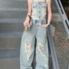 Fashionable Summer Denim Outfit for Girls, Featuring a Trendy Two-Piece Set with Wide-Leg Pants And a Camisole, for Outdoor