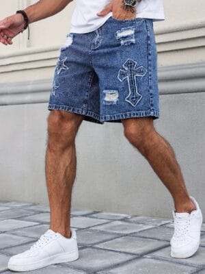 product-fancy-7b0b83a4-d485-42df-a677-9a190971d2b7 Men'S Streetwear Denim Mid-Length Shorts - Washed Blue with Distressed Rips, Star & Anchor Embroidery, Loose Fit, Casual Summer Denim Shorts for Casual Attire, Everyday Denim Shorts | Streetwear Fashion | Detailed Embroidery, Denim Shorts