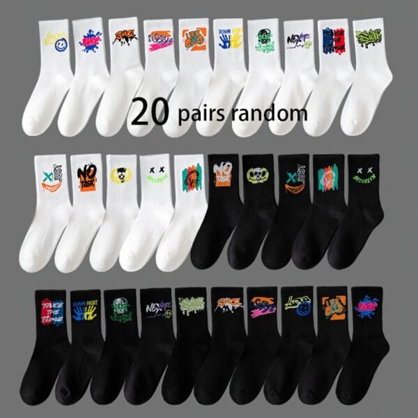 20 Pairs, 10 Pairs, 5 Pairs - Random Color Letter Print Socks, Stylish Mid-Calf Athletic Socks for Basketball, Outdoor & Casual Wear, Polyester Knit Fabric, Hand Washable, Everyday Socks | Vibrant Sock Design | Comfortable Fit