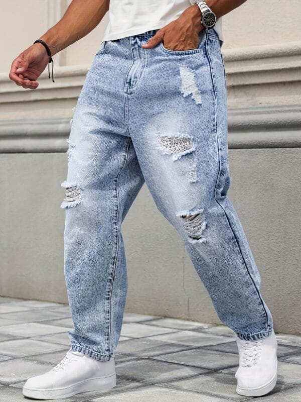 Men'S Casual Distressed Faux Denim Faux Denim - Relaxed Fit Water-Washed Ripped Detailing, Non-Stretch Durable Fabric, All-Season Versatile Style for Casual Attire, Comfortable Fashion, Classic Blue Wash, Quality Craftsmanship