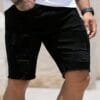 product-fancy-7bb21bcb-2504-4795-be0f-645481919645 Men's Slim-Fit Knee-Length Denim Shorts with Frayed Hem and Distressed Detailing - Black, Mid-Stretch, Machine Washable, Summer Casual Style, Comfortable Wear, Durable Fabric