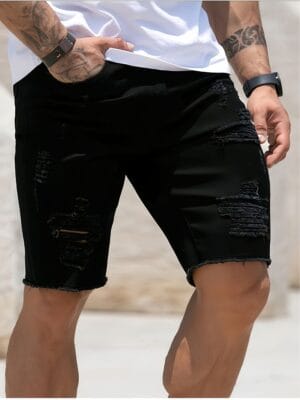 product-fancy-7bb21bcb-2504-4795-be0f-645481919645 Men's Slim-Fit Knee-Length Denim Shorts with Frayed Hem and Distressed Detailing - Black, Mid-Stretch, Machine Washable, Summer Casual Style, Comfortable Wear, Durable Fabric