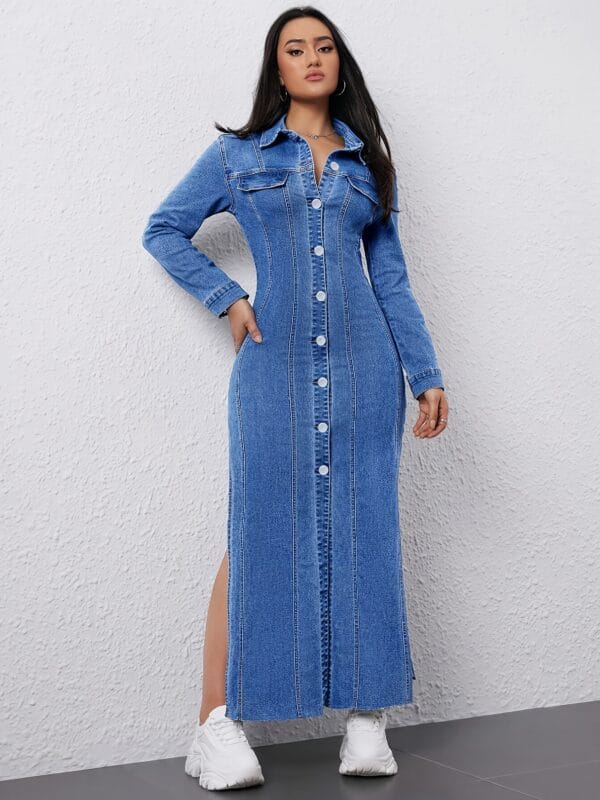 Women'S Stretchy Jeans-like Dress - Elegant Button-front closure, Stretchy denim-like fabric, Formal & Casual Outfits - All-Season Everyday to Party Wear - Women'S Fashion Dress, Versatile Outfit, Highelastic Material, Office Attire, Durable Construction, Fashion Lovers