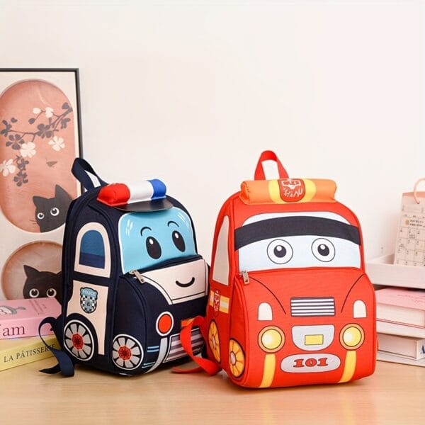Kids' Cartoon Police Car 3D Lightweight Backpack - Adjustable Strap, Zipper Closure, Polyester Lining, Colorful Design for Outings and School, School Backpack | Fun Design Backpack | Polyester Lined Backpack, Travel Backpac