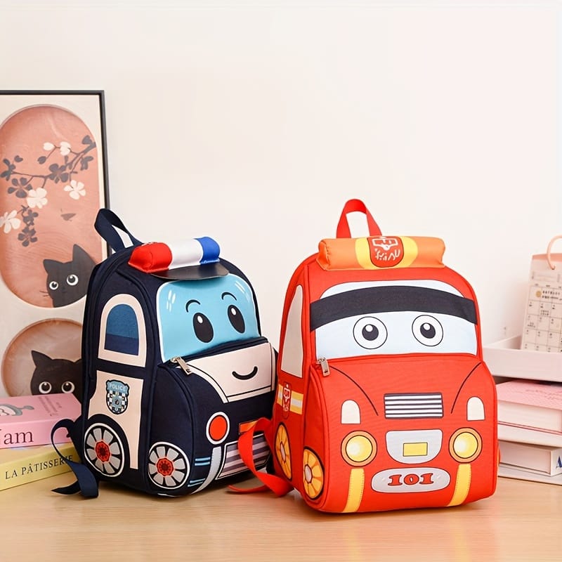 Kids' Cartoon Police Car 3D Lightweight Backpack - Adjustable Strap, Zipper Closure, Polyester Lining, Colorful Design for Outings and School, School Backpack | Fun Design Backpack | Polyester Lined Backpack, Travel Backpac