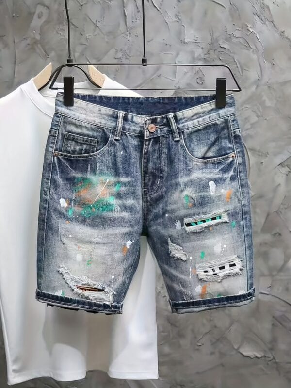 Men'S Non-Stretch Faux Denim Shorts - Classic Five-Pocket Mid-Thigh Length, Machine Washable Everyday Casual Pants for Summer Outfits, Faux Denim Shorts, Relaxed Fit, Geometric Pattern, Sturdy Construction, Streetwear Style, Outdoor Clothing, Durable Fabric, Urban Style