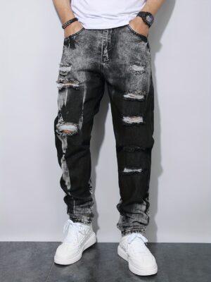 Men'S Black Distressed Faux Denim in European And American Style with Full Rips for Instagram.