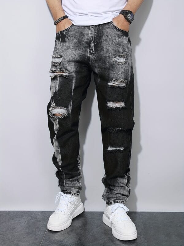 product-fancy-7e9387b5-fb31-4a07-aa7d-61e7f438a548 Men'S Black Distressed Faux Denim in European And American Style with Full Rips for Instagram.
