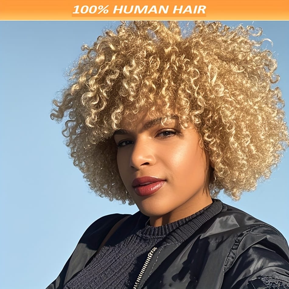 Burgundy Blonde Short Pixie Cut Afro Curly Brazilian Remy Human Hair Wig with Bangs - 180% Density Machine-Made No Lace Rose Net Cap for Women, Natural Look & Easy Maintenance, Short Hair Wig