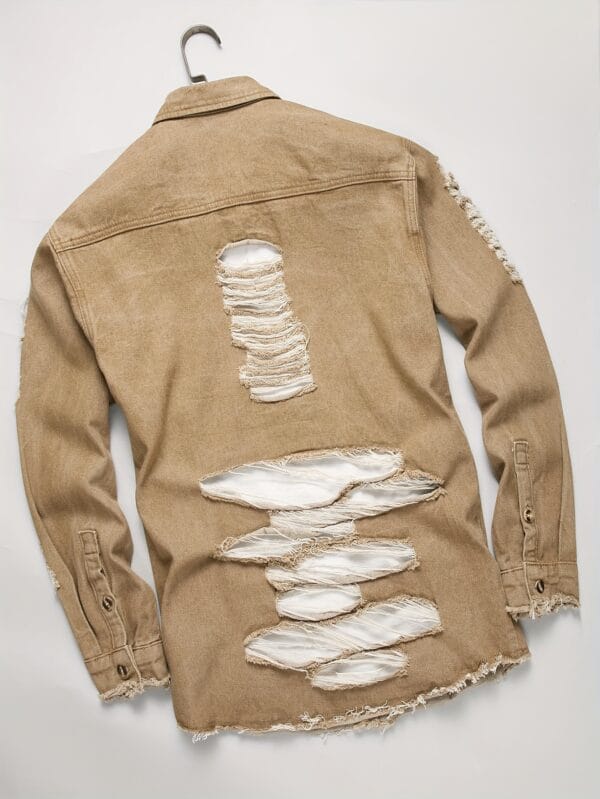 product-fancy-81619101-2eeb-4dba-bace-a6d7619ef0eb Men's Streetwear Distressed Denim Shirt - Relaxed Fit with Ripped Details, Classic Collar & Button Front, Autumn/Winter Casual Outerwear, Autumn Fashion, Solid Color Design