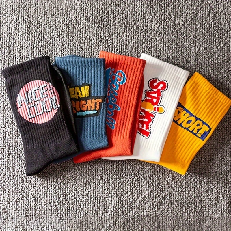 5 Pairs Men'S Elastic Ribbed Cuff Socks - Bold Letter Graphic Print, All-Season Comfort, Multi-Color Options for Casual & Formal Wear, Hand Wash Only, Versatile Sock Styles, Trendy Sock Designs, Comfortable Sock Material, Everyday Essentials, Modern Sock Design, Breathable Fabric, Unisex Socks, Fashion Enthusiasts