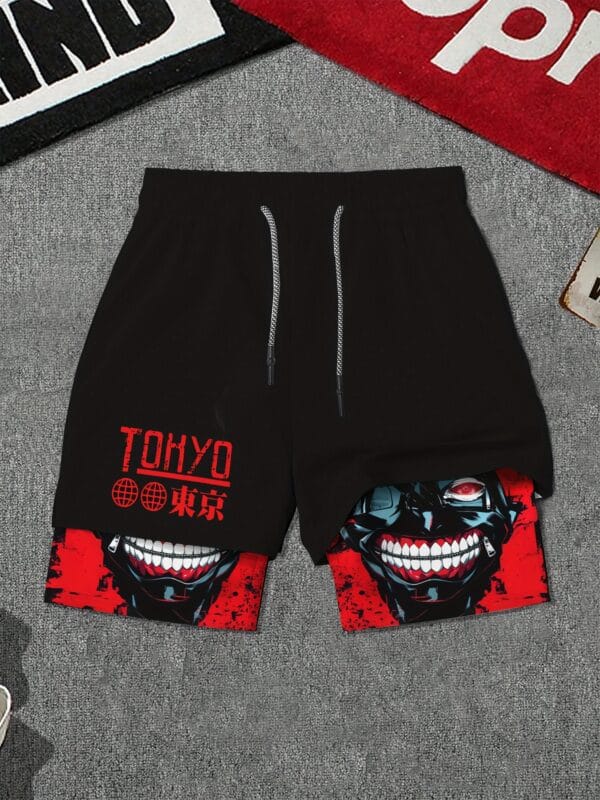 Men'S "Tokyo" Graphic Drawstring Basketball Shorts - Red with Skull Design, Casual Sportswear for Running, Yoga, Hiking & Outdoor Activities, Casual Sportswear|Skull Print Shorts|Stretchy Fabric