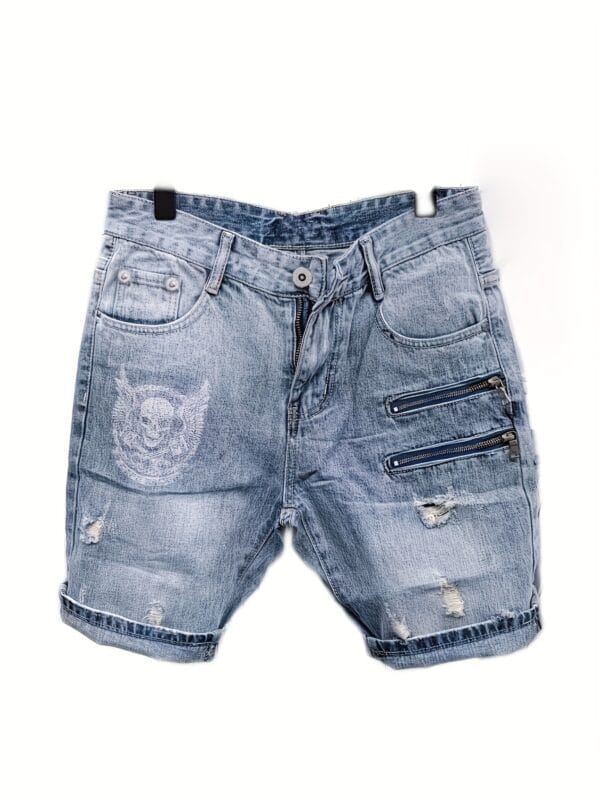 product-fancy-826d20c4-e02b-47fa-a9c8-2205b2779675 Men's Distressed Denim Shorts with Skull & Sickle Print, Zipper Details, and Faux Pockets - Street Style Knee-Length Halloween Design