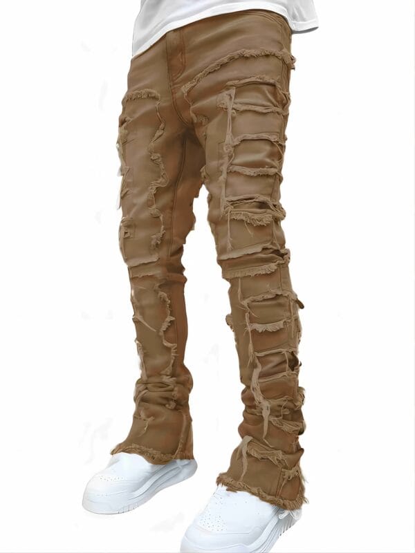 product-fancy-82d32ba4-bc55-4b12-ae09-681303b442db Men'S Slim-Fit Stretch Faux Denim Faux Denim with Embroidered Rips - Casual Light Blue Washed Faux Denim, Medium Stretch, Regular Length, All-Season Comfort Fit, Comfortable Clothing | Embroidered Faux Denim | Medium Stretch Fabric