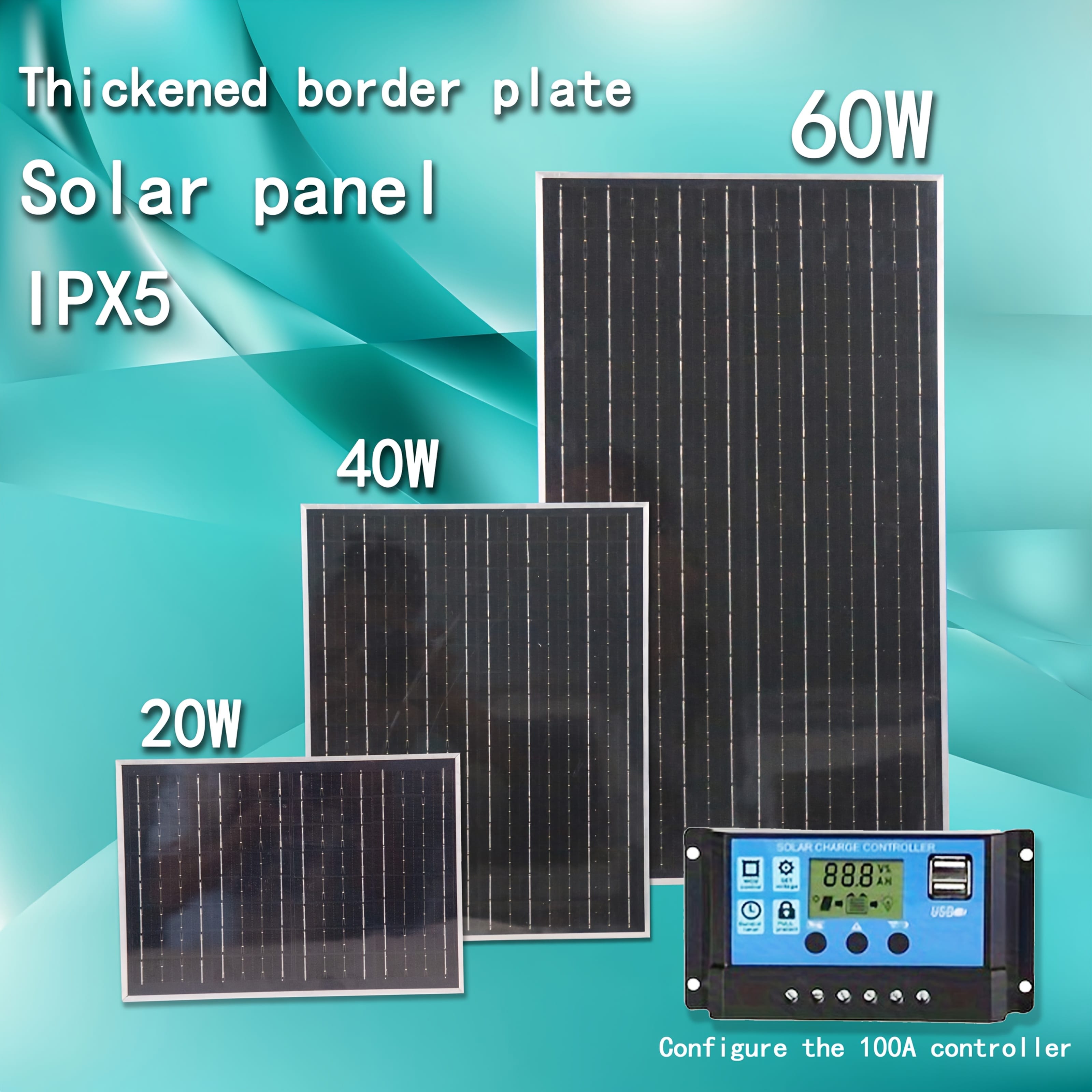 20W/40W/60W monocrystalline silicon solar panel set, including 100A controller, output voltages 5V, 12V, 18V, equipped with USB-5V solar charger, portable mobile charger, and vehicle emergency charger