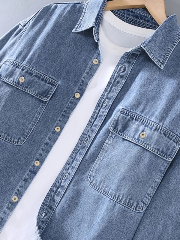 Men'S Casual Denim Shirt - Solid Color Washed Blue, Non-Stretch Fabric, Classic Collar & Chest Pockets, Regular Fit Spring/Fall Style, Adult Sizes, Spring Fall Attire, Mature Style Shirt, Nonstretch Material