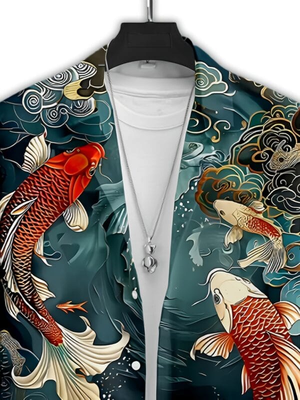 Men'S Casual Short Sleeve Button-Up Shirt with 3D Koi Fish Print – Symbol of Good Luck, Prosperity, and Courage – Perfect for Daily Wear, Summer Collection, Casual Attire|Traditional Collared Shirt|Printed Koi Design
