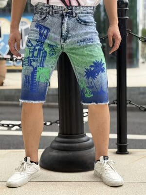 product-fancy-84685ba4-3a52-4b95-b35c-fa1a9953a75b Men'S Trendy Print Slim-Fit Faux Denim Shorts - Versatile Gradient Straight-Leg Casual Pants for Casual Attire