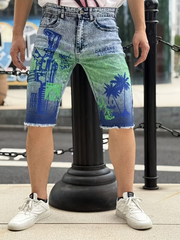 product-fancy-84685ba4-3a52-4b95-b35c-fa1a9953a75b Men'S Trendy Print Slim-Fit Faux Denim Shorts - Versatile Gradient Straight-Leg Casual Pants for Casual Attire