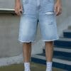 Men's Light Blue Denim Shorts - Non-Stretch Mid-Length Jeans with Frayed Edges & Pre-Worn Look, Button Closure Loose Fit Casual Streetwear for Everyday Outfits - All-Season Non-Stretch Jeans Shorts, Relaxed Style, Vintage Aesthetic, Quality Stitching, Urban Style