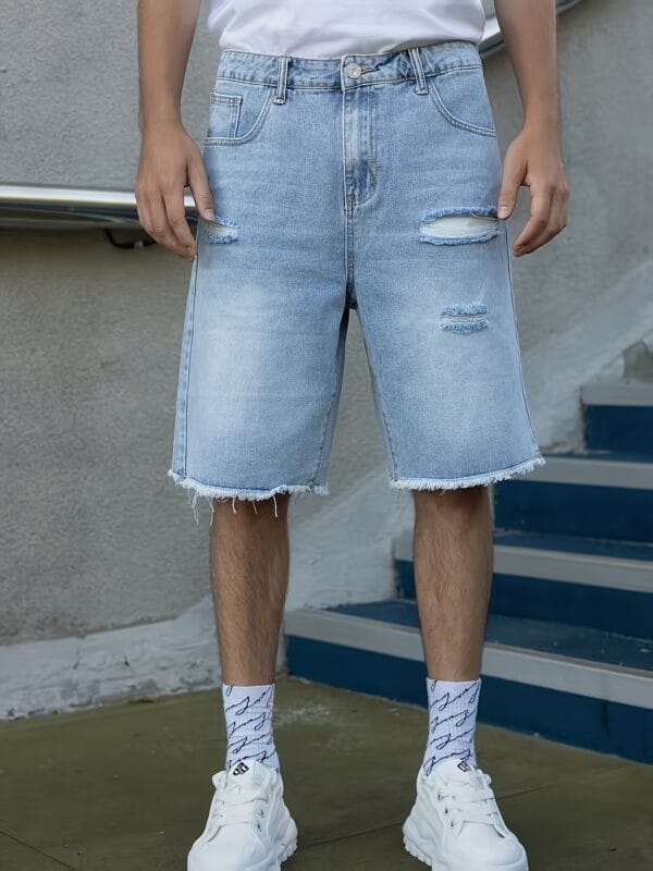 Men's Light Blue Denim Shorts - Non-Stretch Mid-Length Jeans with Frayed Edges & Pre-Worn Look, Button Closure Loose Fit Casual Streetwear for Everyday Outfits - All-Season Non-Stretch Jeans Shorts, Relaxed Style, Vintage Aesthetic, Quality Stitching, Urban Style