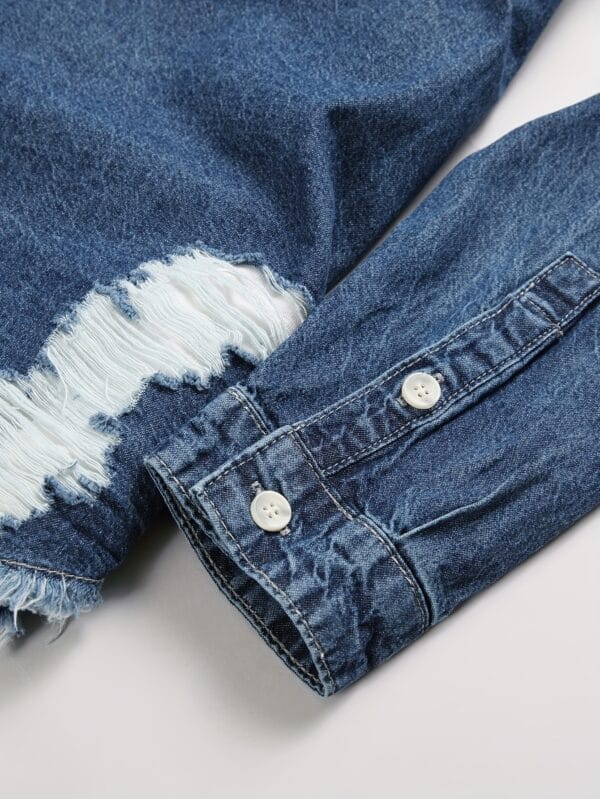 Men'S Distressed Denim Shirt - Blue Washed Jean Look, Casual Street Style, Non-Stretch Fabric, Regular Fit for Spring/Fall