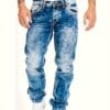 product-fancy-87e4e037-9bc0-4144-9e2c-3d62a1be5656 Men's Slim-Fit Straight-Leg Distressed Blue Washed Jeans - Heavy-Duty Stretch Denim, All-Season Comfort, Classic 5-Pocket Design & Frayed Hem for Casual & Semi-Formal Wear (Hand Washable) - Versatile Streetwear to Office Style