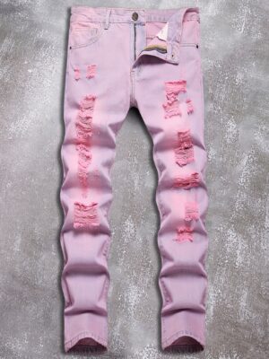European and American Men's Pink Ripped Slim Fit Straight-Leg Jeans