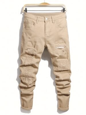Men's Fashion Distressed Patchwork Khaki Stretch Jeans