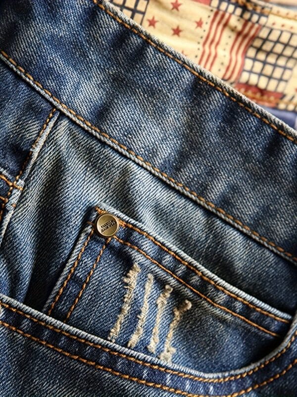 Men'S Non-Stretch Faux Denim Shorts - Classic Five-Pocket design with Random Color Patchwork, Mid-Length Casual Pants for Everyday & Formal Outfits - Edgy Streetwear Style Faux Denim Shorts, Faux Denim Shorts, Versatile Clothing, Distressed Look, Quality Stitching, Young Adults, Streetwear Fashion, Retro Fashion, Durable Fabric, Urban Style