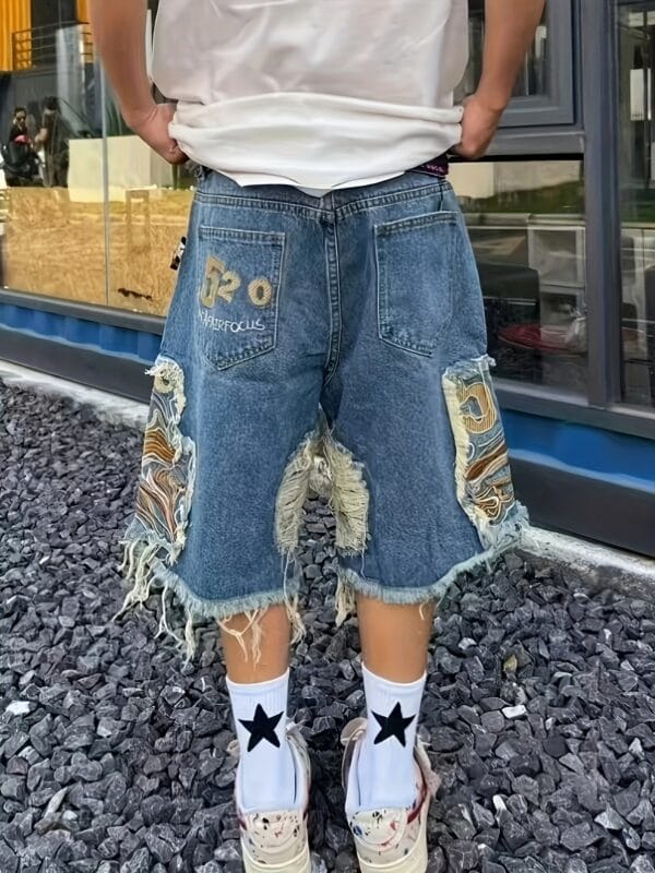 product-fancy-8afa6ef8-ee82-4da6-ae48-f4a4b4ded9af Men'S Plus Size Distressed Faux Denim Shorts with Frayed Hem & Geometric Embroidery - Casual Relaxed Fit, Non-Stretch Faux Denim, Functional Pockets, Edgy Streetwear Style for Summer Outfits, Faux Denim Shorts, Durable Fabric, PLUS SIZE