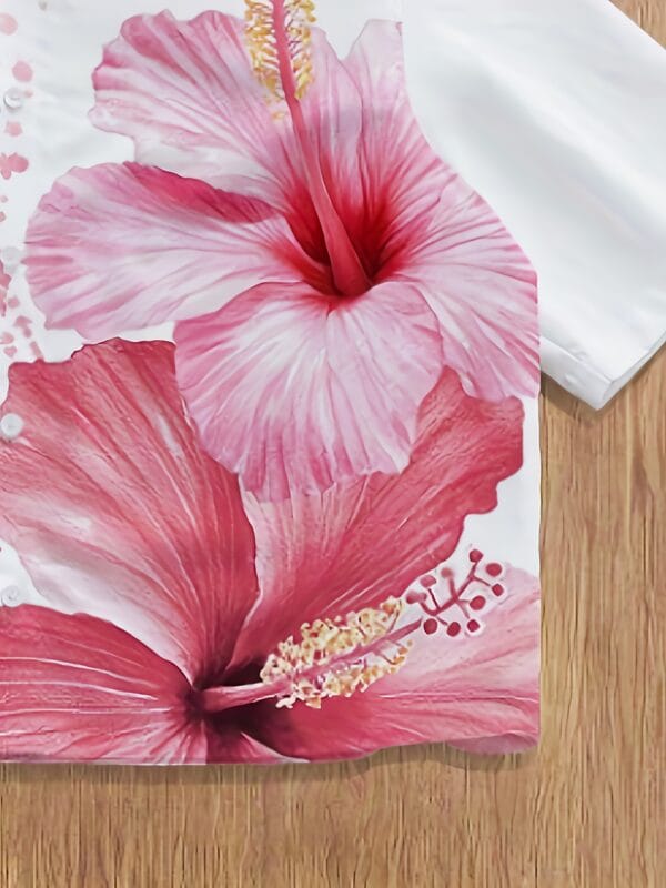 Men's Summer Shirt - Loose Fit Button-Up Casual Shirt with Floral Hibiscus Print, Non-Transparent Fabric for Beach Vacation, Office & Casual Attire - Machine Washable Lightweight Formal & Everyday Attire, Shirts for Summer, Vacation Clothing, Contrast Color Design, Durable Material, Vacation Wardrobe