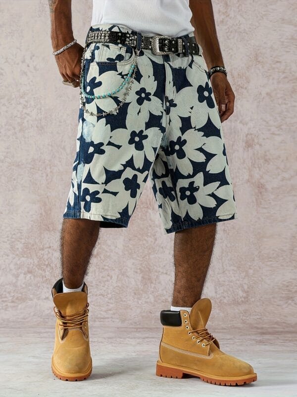 product-fancy-8bf04dbe-48c4-40b8-bb8f-a92c687e62f8 Men'S Stylish Versatile Summer Non-Stretch Wide-Leg Faux Denim Shorts with Fashionable Front And Back Prints.