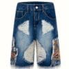 Men's Chic Embroidery Design Cotton Blend Ripped Loose Fit Jorts, Street Style Summer Bottoms for Men