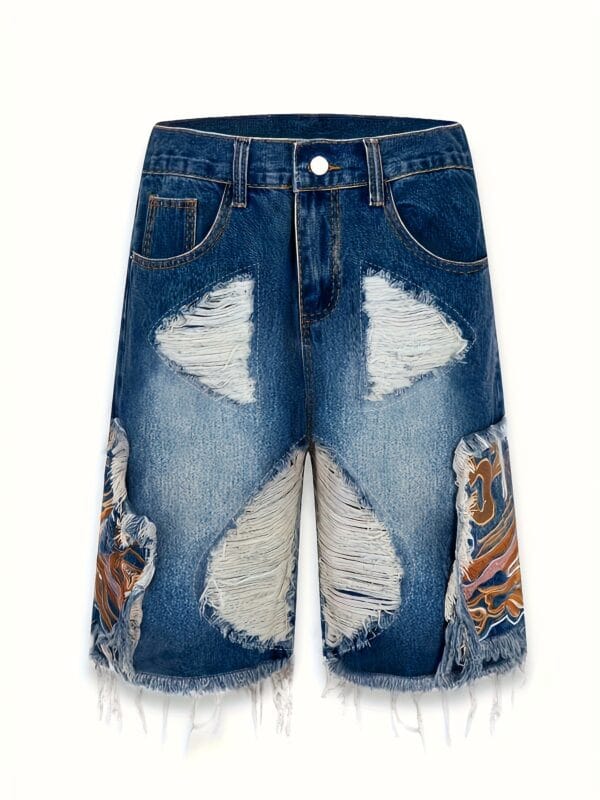 Men's Chic Embroidery Design Cotton Blend Ripped Loose Fit Jorts, Street Style Summer Bottoms for Men