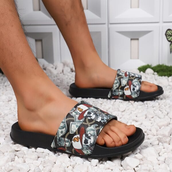 Unisex Black Slip-On Slippers with Skull & Money Print - Lightweight EVA Indoor/Outdoor Casual Shoes for Men & Women, All-Season Comfortable Beach Sandals, Summer Footwear, Adventurous Style, Breathable Fabric Lining, Indoor Footwear, Trendy Footwear, Durable Sandals, Slipresistant Footwear, Home Footwear