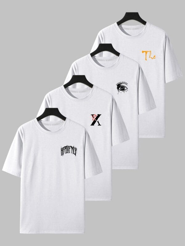 Men'S Casual Graphic Print T-Shirts - 4pcs Set, Short Sleeve Crew Neck, Slight Stretch, Geometric Pattern, All-Season Wear, Adult Regular Fit, Casual Wear|Graphic Tee|Stylish Casualwea