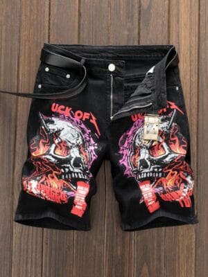 product-fancy-8d4f5bda-2a42-4b4b-9a0c-a92cb0181a9f Men'S Slim-Fit Denim Shorts with Skull & Flames Print - Black Streetwear Casual Shorts, Button Closure, Zipper Fly, Non-Stretch Fabric, Perfect for Nightclubs & Casual Attire, Clubwear Shorts | Edgy Fashion | Nonstretch Fabric