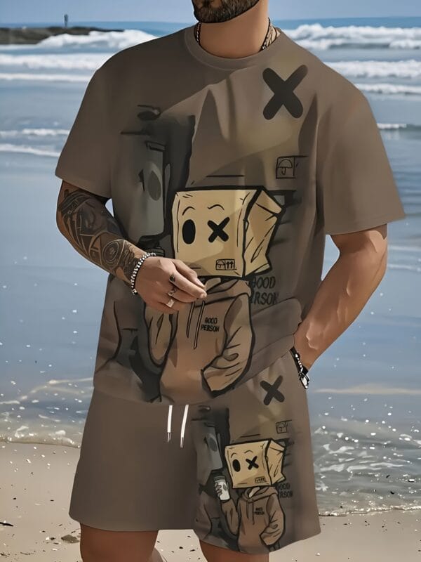 product-fancy-8db325e4-3dbf-4261-92c0-b0751ff1d6b2 Men'S Summer Cartoon Boxing Print Casual Outfit - Breathable Polyester Short Sleeve T-Shirt & Shorts, Machine Washable, Regular Fit Streetwear for All Seasons, Allseason Apparel | Playful Print Tee | Machine Washable Fabric, Boxer Shorts