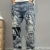 product-fancy-8e89c6c0-6fb2-4795-befb-e2aecb99cfd7 Retro Blue American Streetwear Graffiti Print Loose Straight-Leg Jeans