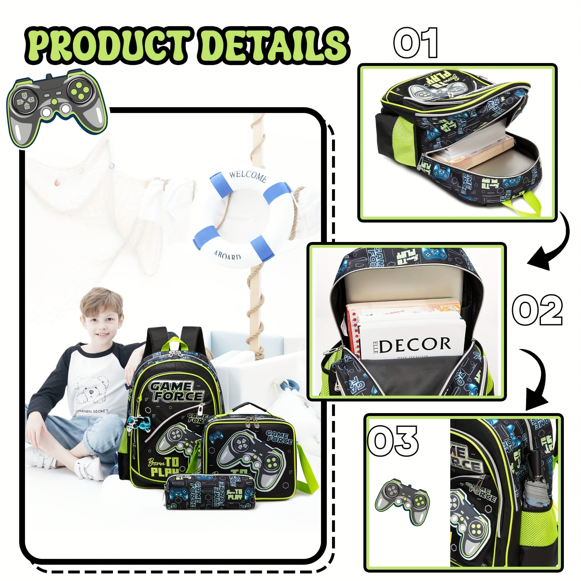 3pcs Boys' Backpack Set 16.5inCH Schoolbag with Lunch Bag and Pencil Case for Kids Cool Travel Backpack Student Bag Travel Essentials Back to School Gift for Age 3+