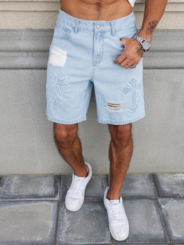 product-fancy-8f9ecc0e-c062-4726-83ff-ef26ecf86cd1 Men'S Streetwear Denim Mid-Length Shorts - Washed Blue with Distressed Rips, Star & Anchor Embroidery, Loose Fit, Casual Summer Denim Shorts for Casual Attire, Everyday Denim Shorts | Streetwear Fashion | Detailed Embroidery, Denim Shorts